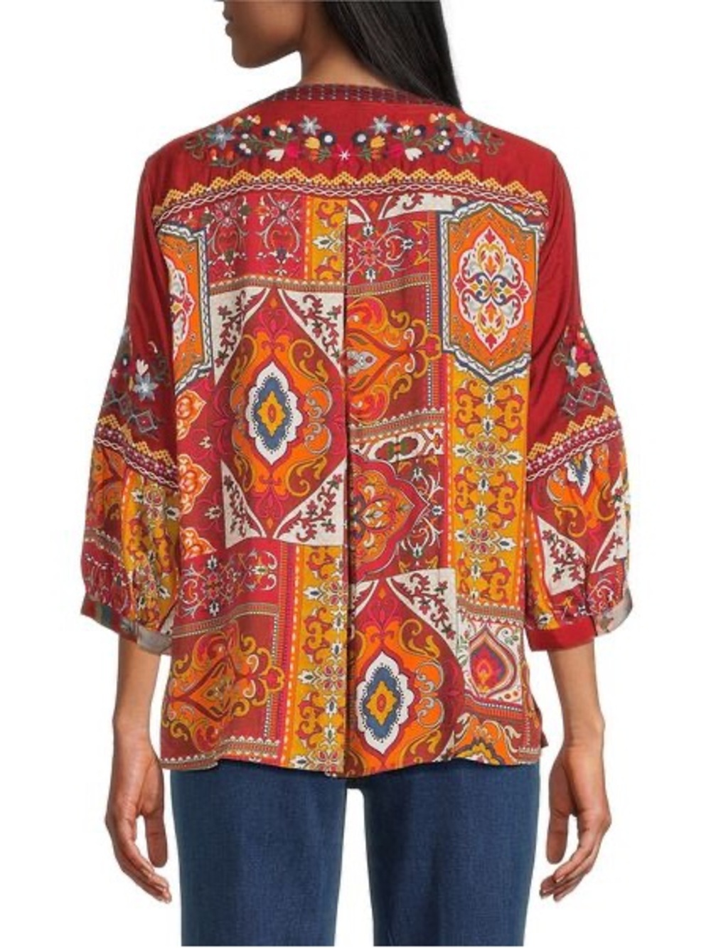 John Mark Embroidered Multi Patch Boho Tunic Blouse Dark Spice L - Picture 2 of 15